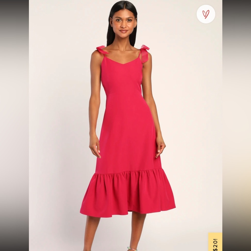 NWT Lulus Hot Pink Bow-Strap Ruffle Hem Midi Dress